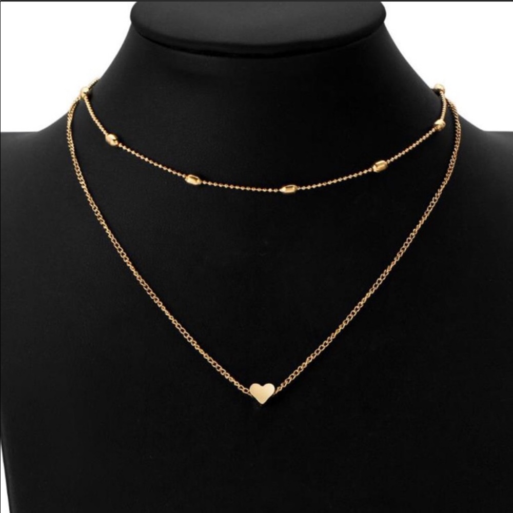 2 Layer Gold Heart Chain Necklace Choker - Picture 3 of 4